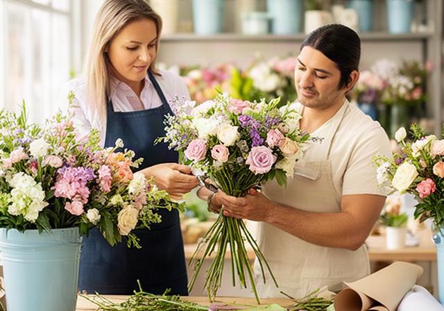 Dos floristas preparando un ramo de flores frescas en taller luminoso de Victoria