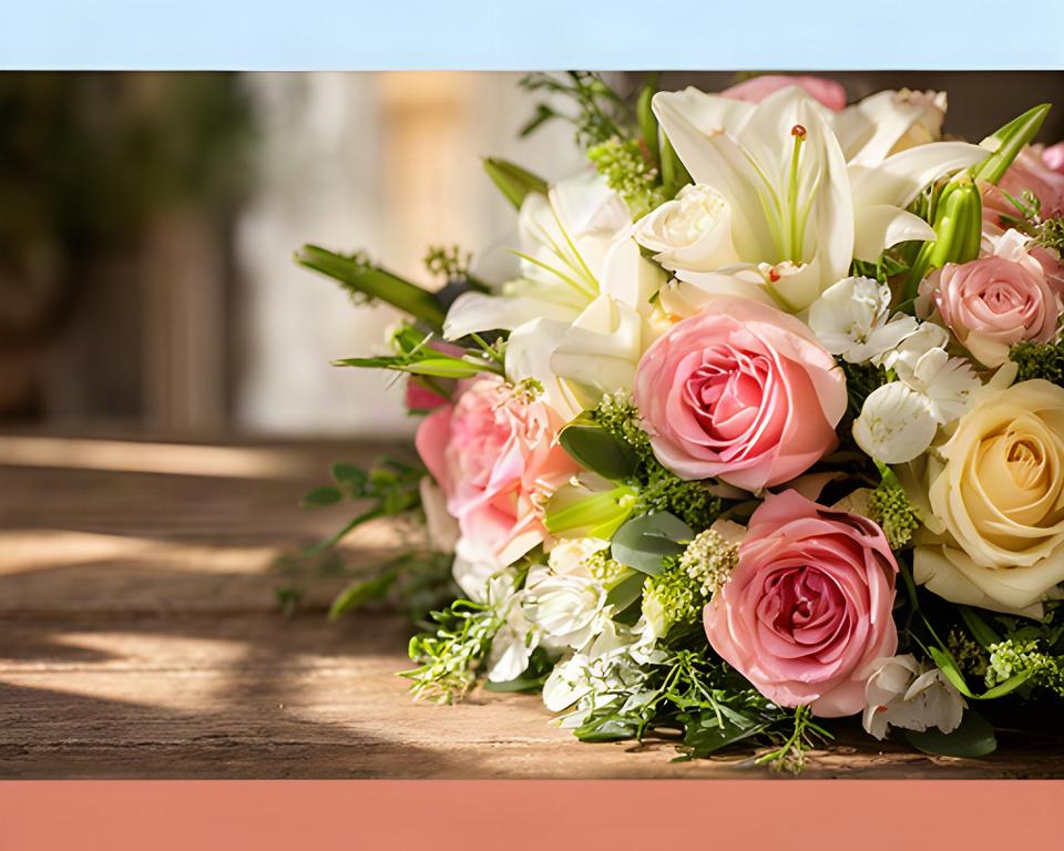 Ramo de flores frescas con rosas y lilium sobre mesa rústica en Victoria