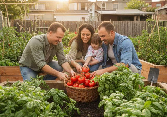 Familia cosechando tomates y albahaca en huerta urbana de patio trasero